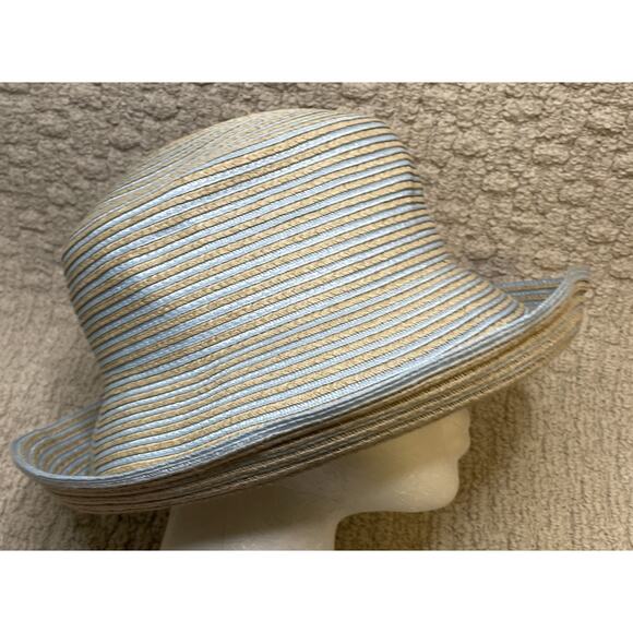 Eric Javits Blue Tan Woven Straw Trilby Sun Hat OS Turn Up Brim Packable Travel main image 4